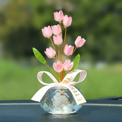 New crystal simulation flower car ornaments with car decoration ornaments creative basin pick car ornaments wholesale (Car ornaments) - crystal-base-flowers-tulip-flower-pink