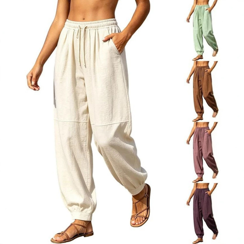 Linen Jogging Pants with Elastic Drawstring Waist, Loose Tapered Hem, and Pockets, in a Bohemian Style for Summer Beach Wear Linen Jogging Pants with Elastic Drawstring Waist, Loose Tapered Hem, and Pockets, in a Bohemian Style for Summer Beach Wear
