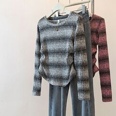 大码条纹褶皱长袖针织衫女2025春秋款胖mm设计感百搭减龄打底上衣