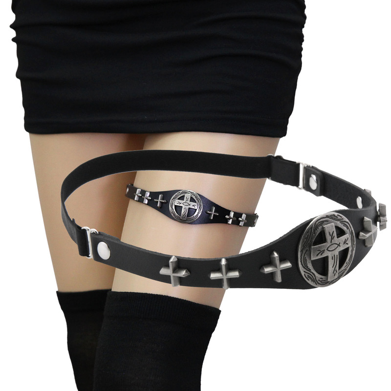 European and American Dark Cross Leather Leg Ring Garter Punk Harajuku X Rivet Trendy Elastic Retro Thigh Ring