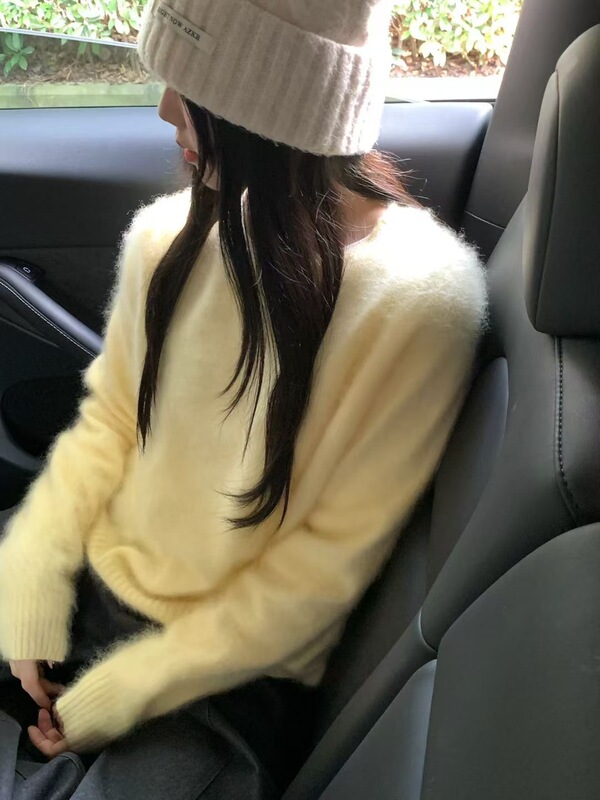 韩系秋款仿貂绒毛茸茸宽松显瘦毛衣女圆领套头针织衫简约基础内搭|undefined