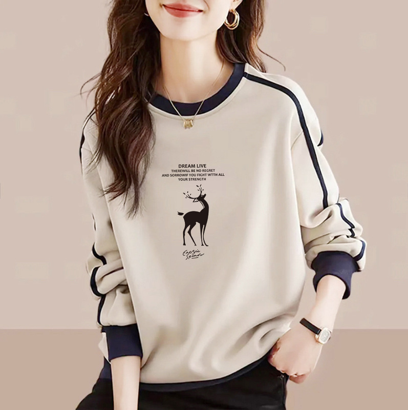 Brand Pure Cotton Long-Sleeve Printed Sweatshirt for Women, Spring Style, Fashionable, Versatile, Artistic, Age-Reducing, Color-Blocking Top