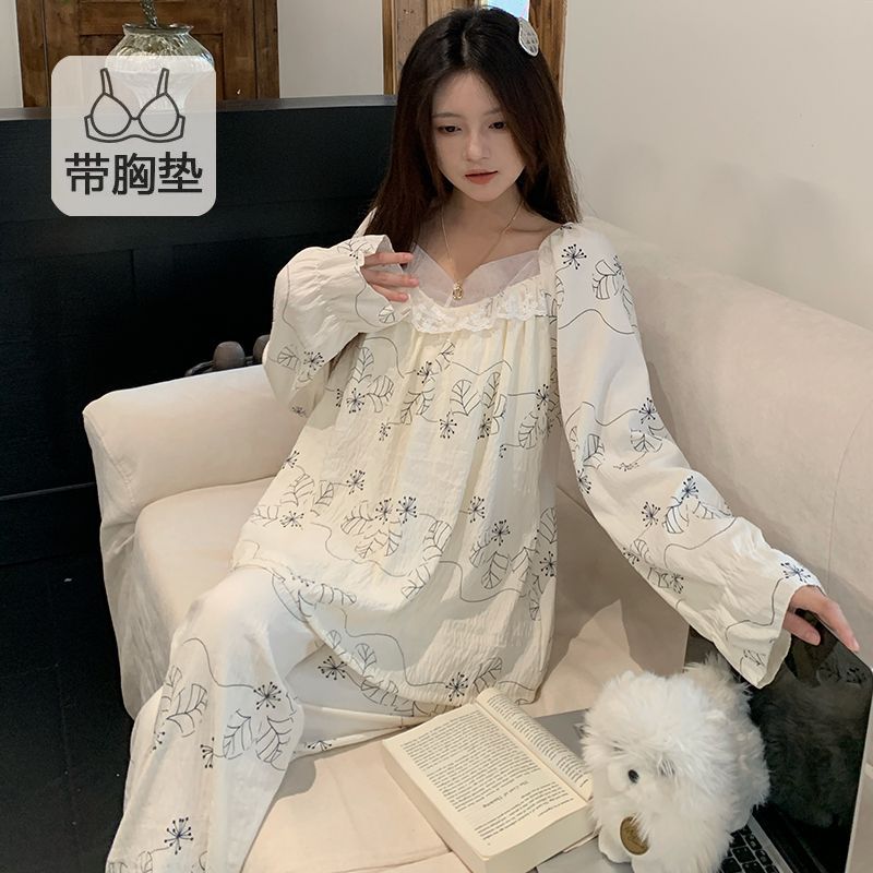 Al por mayor transfronterizo otoño nuevo algodón nubes cinturón cojín de pecho pijama de mujer dulce princesa manga larga set de ropa para el hogar