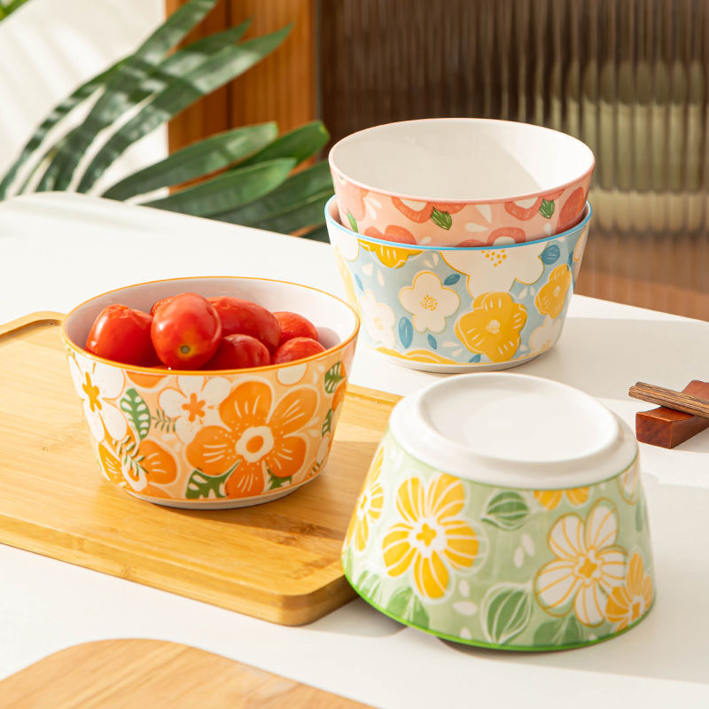 Bowl for Home Use, Trendy Small Fresh Ceramic Bowl, Thickened Anti-Scald Rice Bowl, Salad Bowl, Bowl and Spoon Set