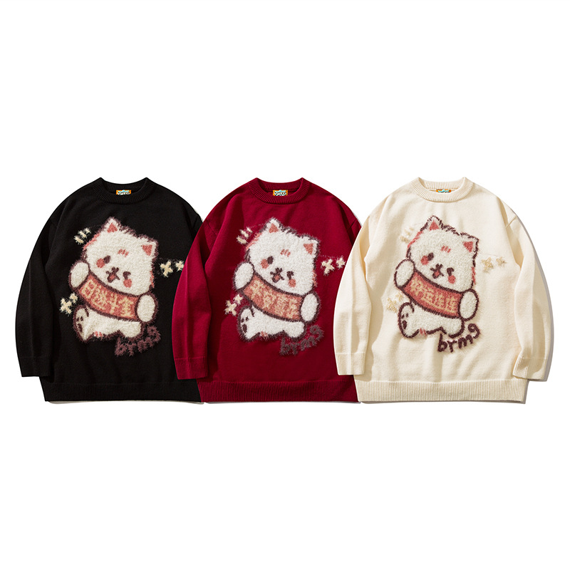 André | Suéter de Dibujos Animados de Año Nuevo para Mujer, Estilo Nuevo de Otoño e Invierno, Suéter de Punto de Manga Larga con Cuello Redondo Versátil de Alta Gama para Parejas