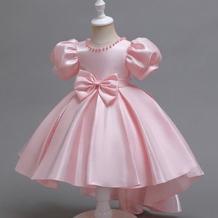Girls Dress Tail Satin Dress New Children Princess Dress Catwalk Host High-end Evening Dress Cross-Border
