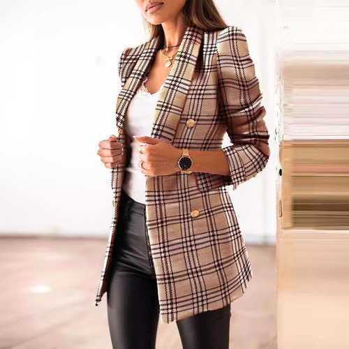 Independent station WISH best-selling autumn and winter long-sleeved double-breasted suit collar printed women's jacket