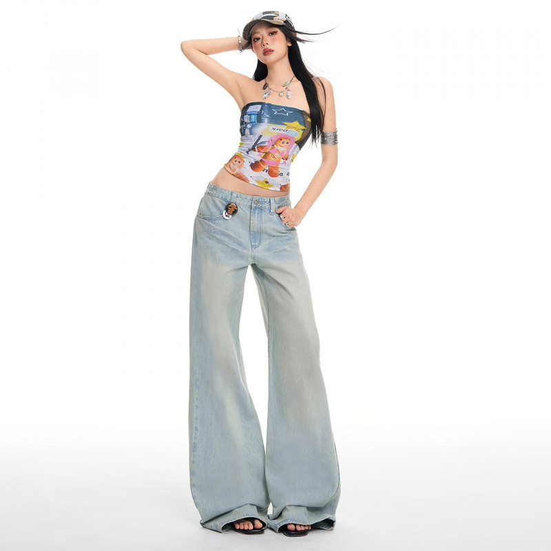 26Th Ootd!｜2026 Spring New American Retro Distressed Whiskered Crinkled Loose Wide-Leg Jeans