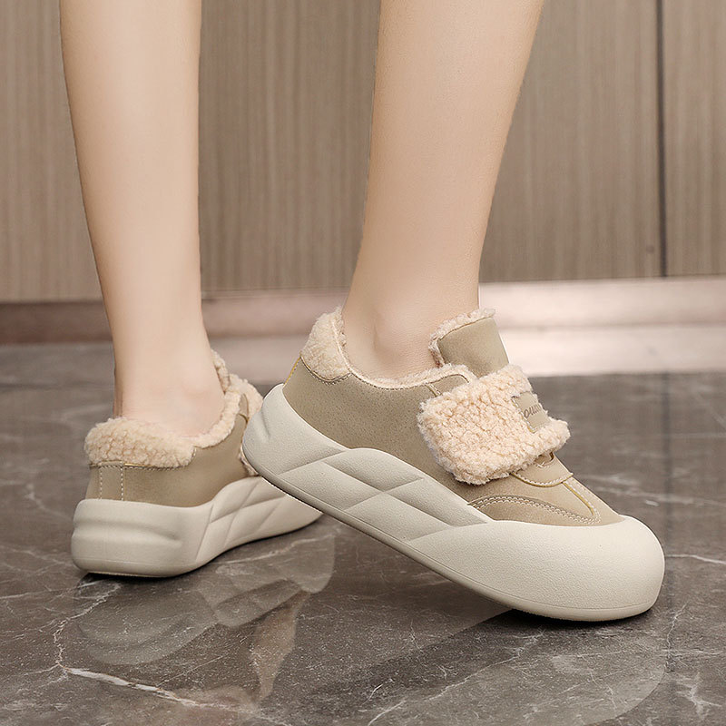 G3512 Neue, warme Damen-Baumwollschuhe für Herbst und Winter mit dicker Fleecesohle, einfarbig, schlicht, lässig, für Studentinnen._voghion.com