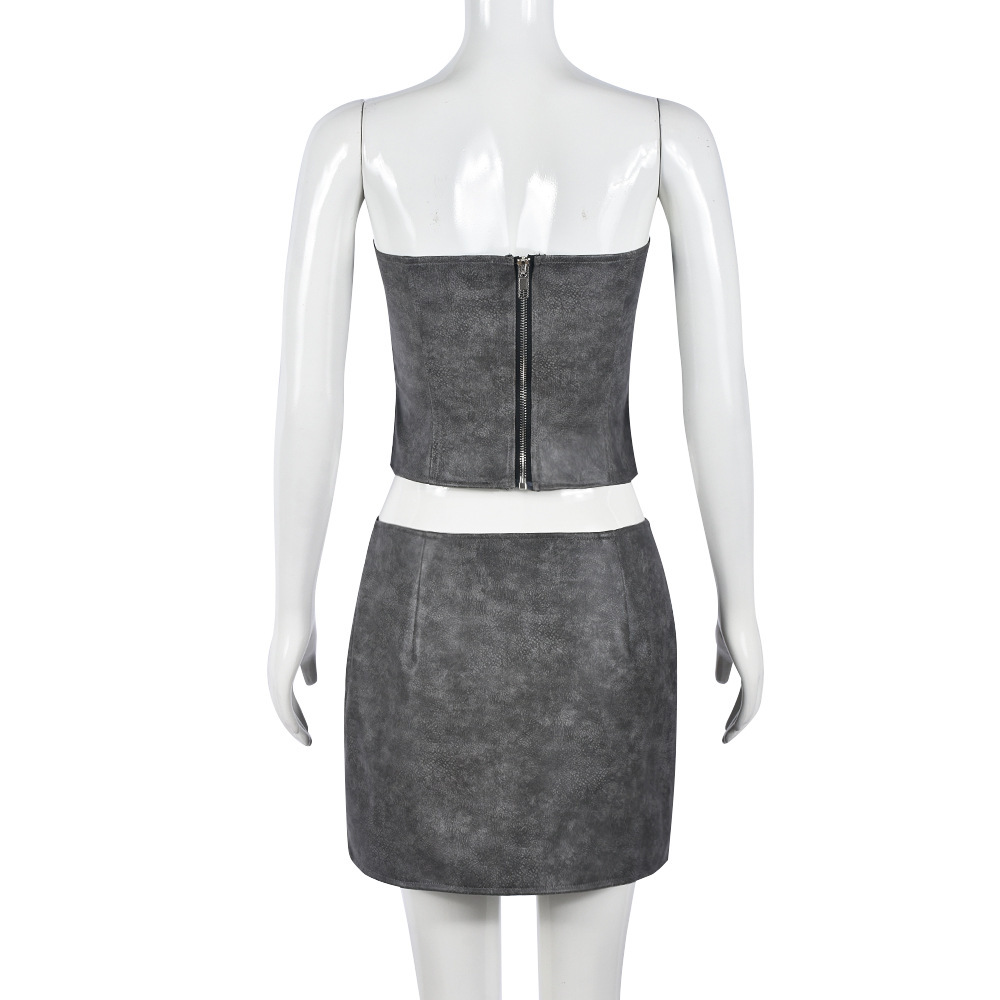 Slim Fit Wrapped Chest Sheath Split Faux Leather Skirt Set Women Clothing