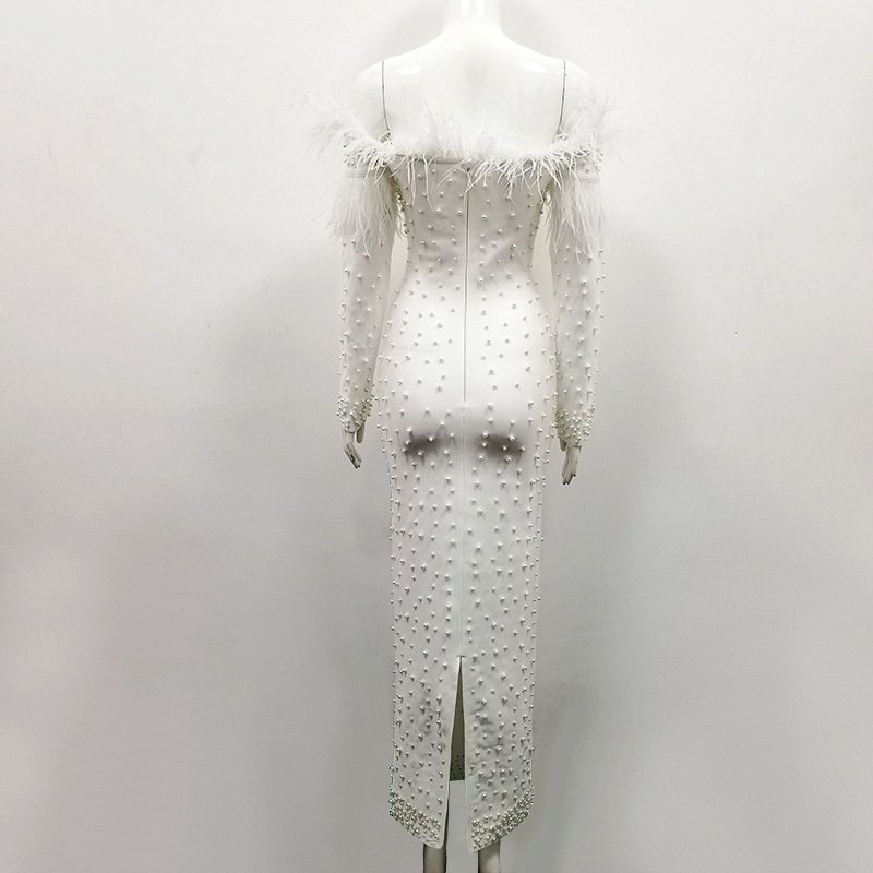 Women's One Shoulder Bandage Dress With Feather Beading For Party_voghion.com