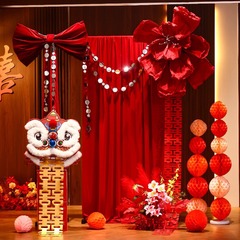 结婚用品大全醒狮婚房布置套装男女方卧室客厅舞狮喜字拉花背景墙