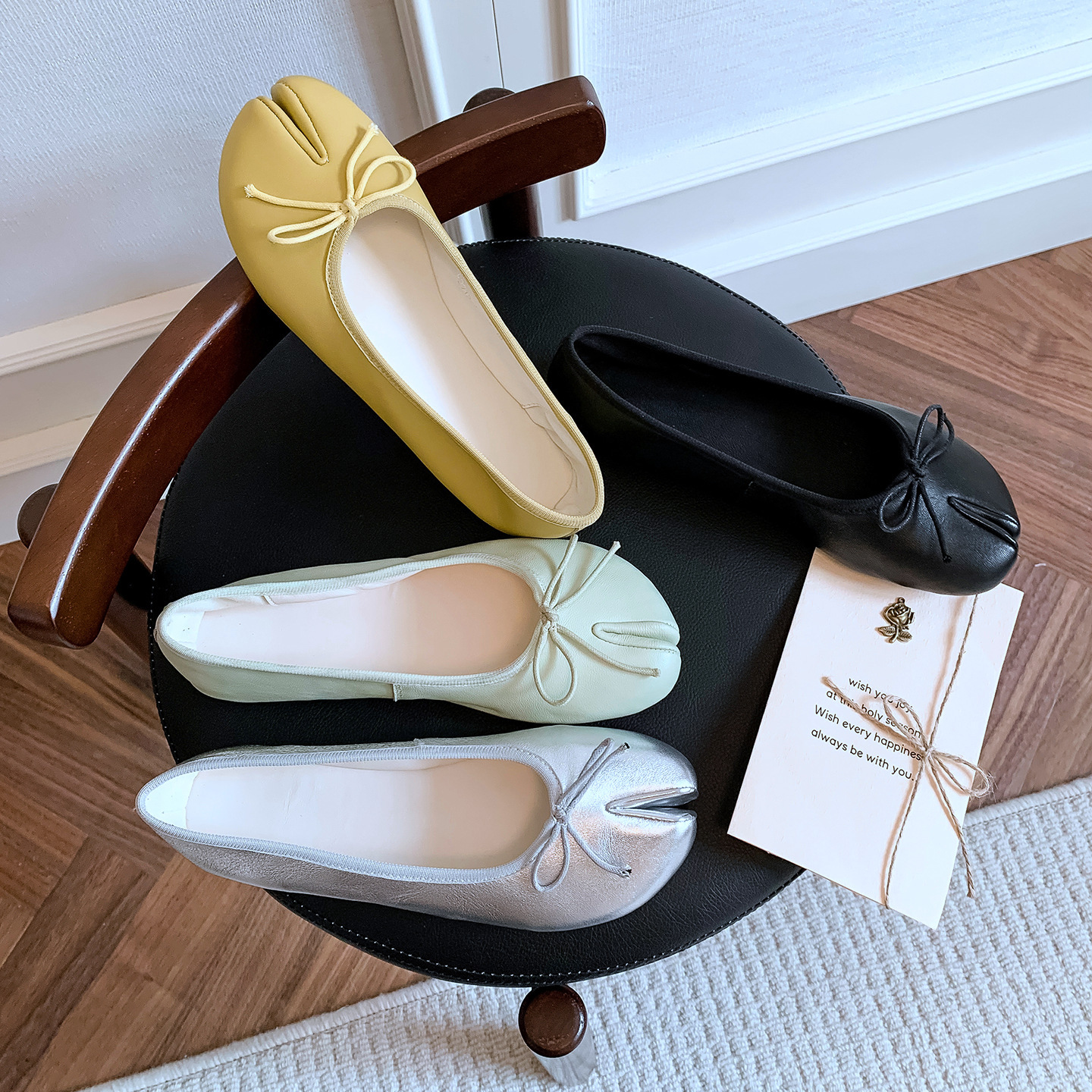 Giày ballet nữ da cừu mũi tròn nơ bướm đế bệt mềm mại — đen