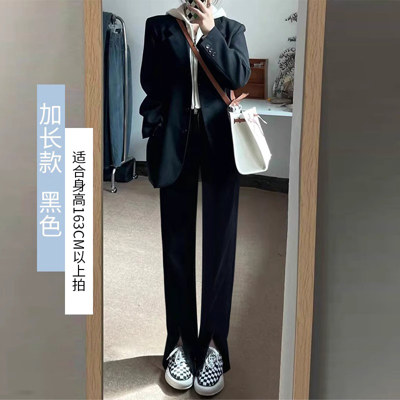 Corea delantera horquilla estrecha pantalones de piernas anchas mujeres pequeñas primavera y otoño recto negro cintura alta sensación de invierno pantalones de traje de invierno