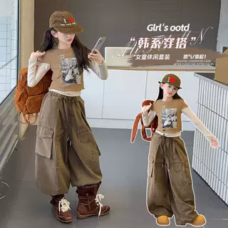 女童春秋季套装2025新款美式印花上衣工装裤两件套中大童跨境套装
