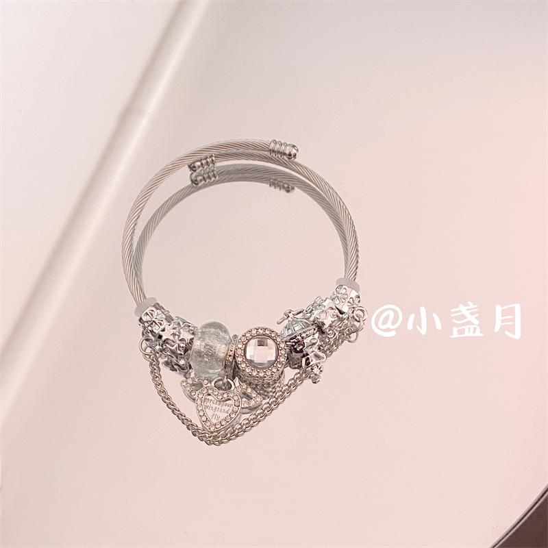 Pulsera de Acero Inoxidable Panjia Dora con Corazón y Oso, Pulsera Abierta con Cuentas para DIY, Joyería de Estilo Fresco, Éxito de Ventas en Amazon