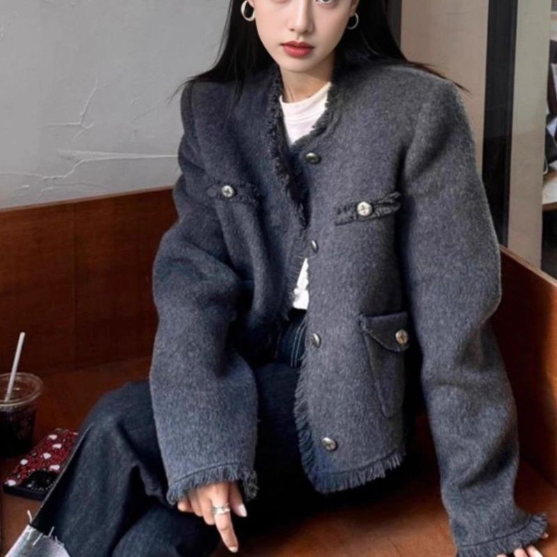 法式灰色名媛小香风外套女秋冬2025新款胖mm加厚毛呢外套短款上衣|undefined