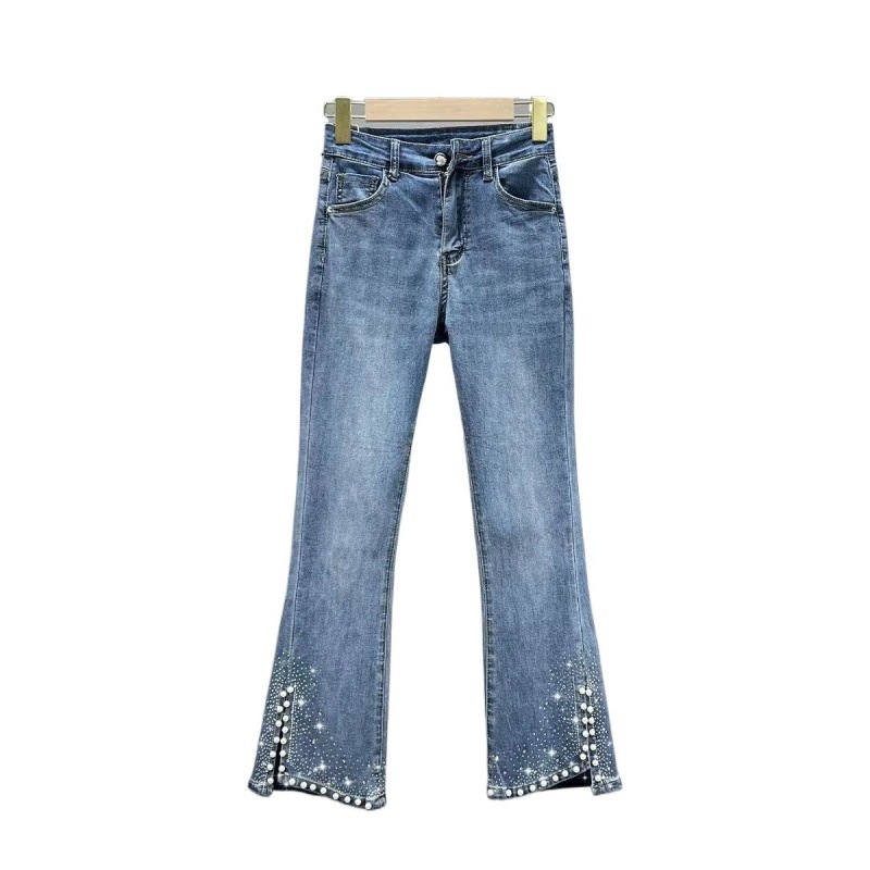 Rhinestone Flared Jeans – High-Waisted Stretch Denim With Side Slits & Embellished Hem (S-3XL, Light Wash)_voghion.com