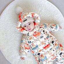 新款婴儿连体棉服加厚新生儿冬季外出抱衣连帽可爱女宝宝保暖爬服