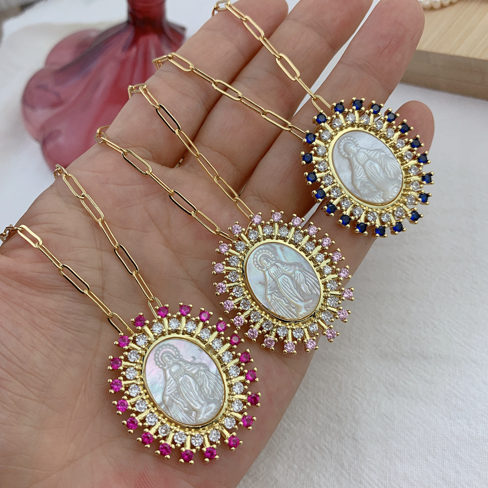 Copper Pendant Material Natural Fritillary Copper Plating Human Virgin Mary Zircon Pendant Necklace