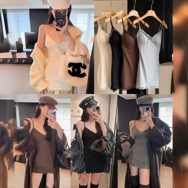 Pure desire Sexy Slim-fit sling dress comes with chest pad lace breathable slimming inner wear outer wear pajamas for women