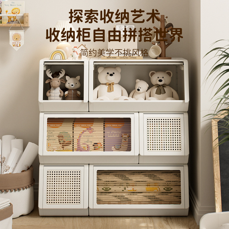 Home Living Room Transparent Door Storage Cabinet with Slanted Flip-Top Rattan Combination Wardrobe Toy Storage Box Living Room Storage