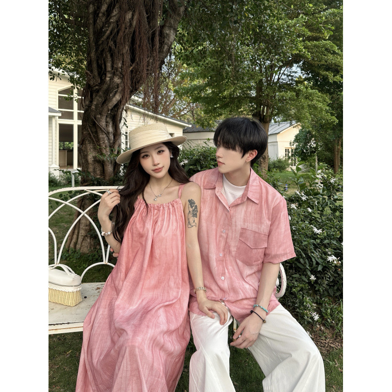 2026 New Summer Couple Outfits for Seaside Vacation Dopamine Pink Smudged Suspender Dress