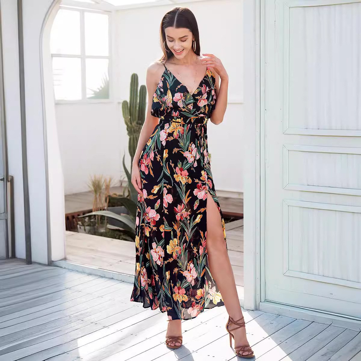Cross-border exclusive for Amazon explosion sexy split v-neck ruffled printed bohemian dress bandage skirt