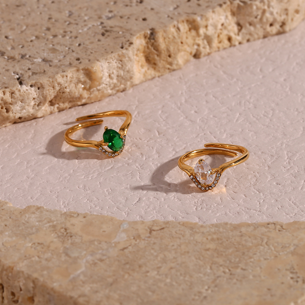 Fashion Oval Stainless Steel Plating Inlay Zircon Open Ring 1 Piece