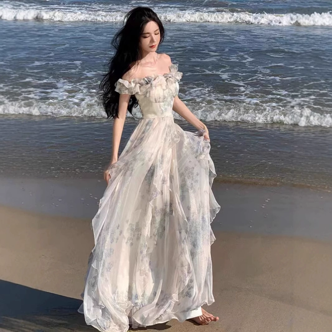 Приморский отпуск ветер подтяжка юбка с пряжей Французский лотос пляжное платье чувство атмосферы длинная юбка элегантная фея