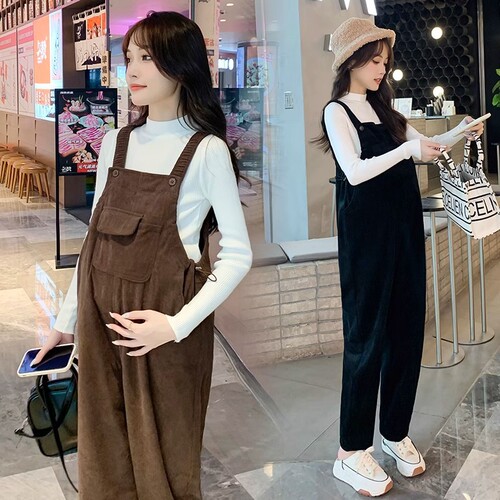 Pregnant women's bib pants Spring and autumn, small corduroy pregnant women's pants, thickened autumn and winter suit, two-piece set, fashionable
