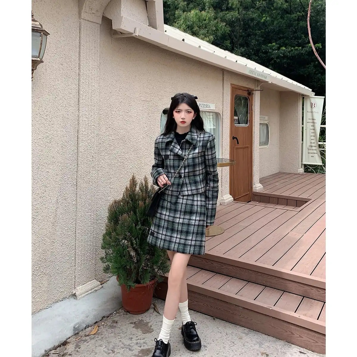 早秋穿搭学院风套装春秋洋气复古小众减龄西装格纹冬季裙装两件套
