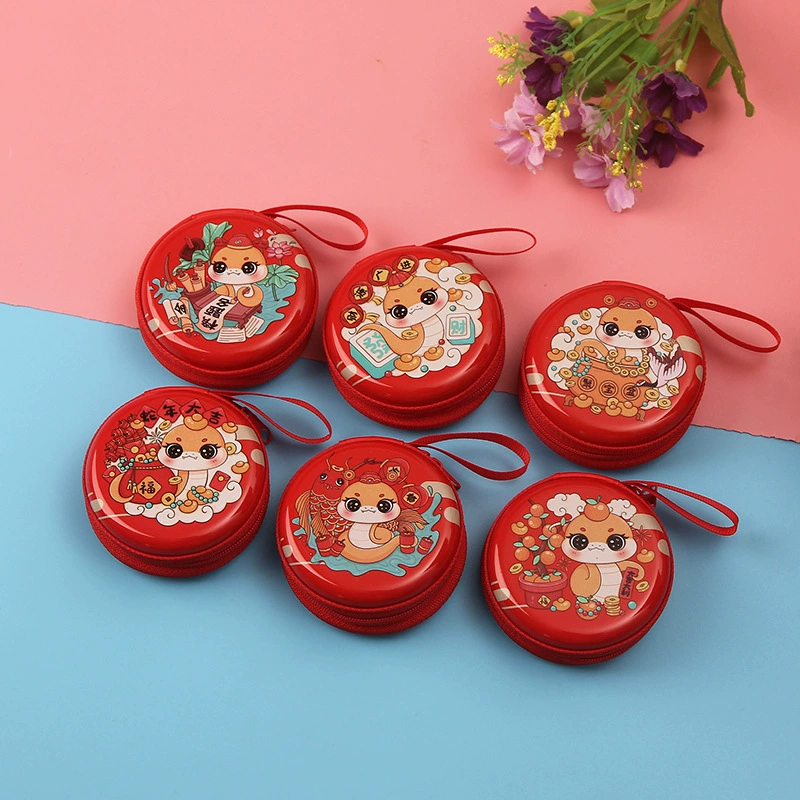 Round tinplate coin purse, zipper with chain, cartoon print, compact 7×7×3 cm