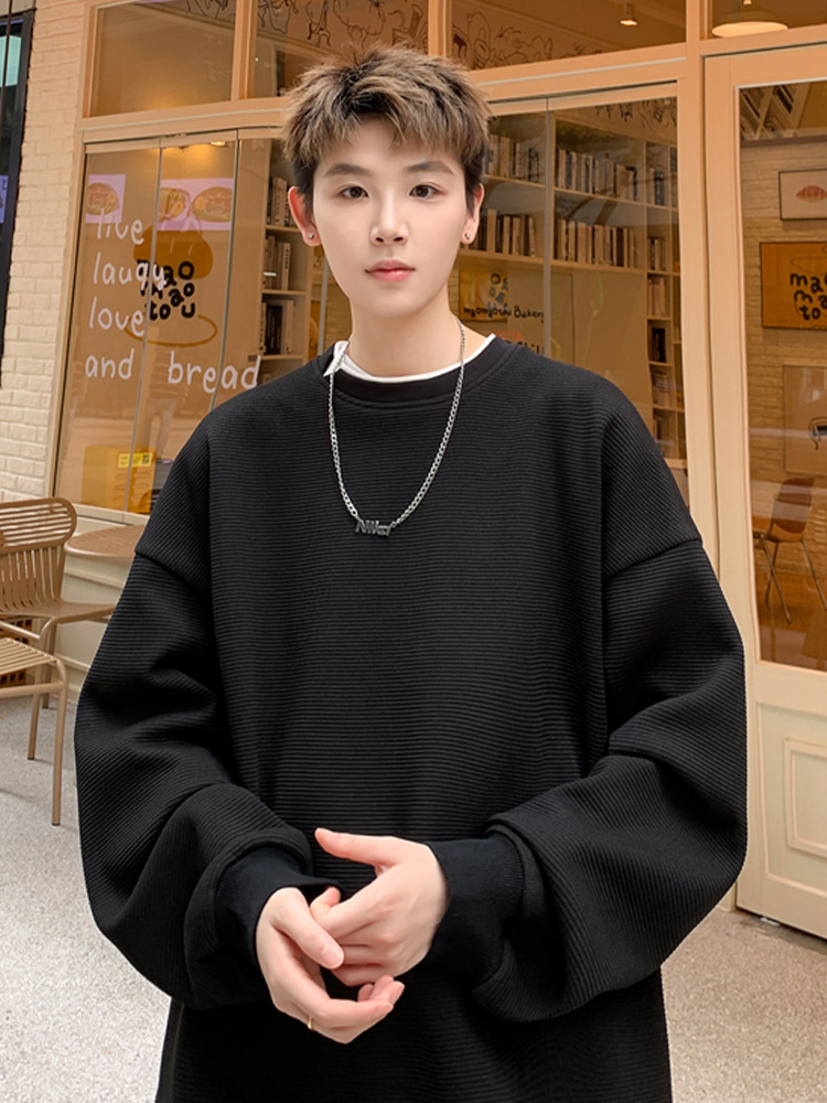 Men's Two-piece Spliced Blue Pullover Hoodie Loose Fit Pullover_voghion.com