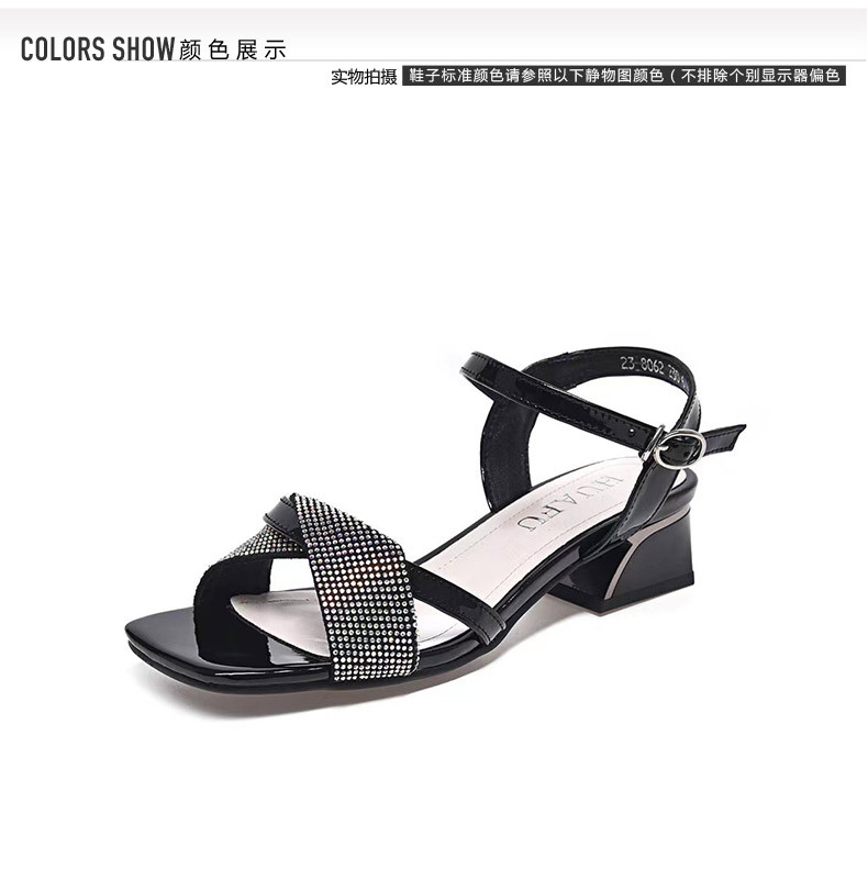 Sandal cao gót nữ quai ngang đính đá pha lê, gót vuông ổn định, chất da thật — Màu đen chi tiết 10