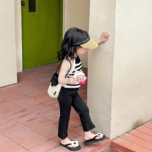 明星同款女童夏季黑白条纹手钩露背挂脖辣妹短款+开叉喇叭裤套装