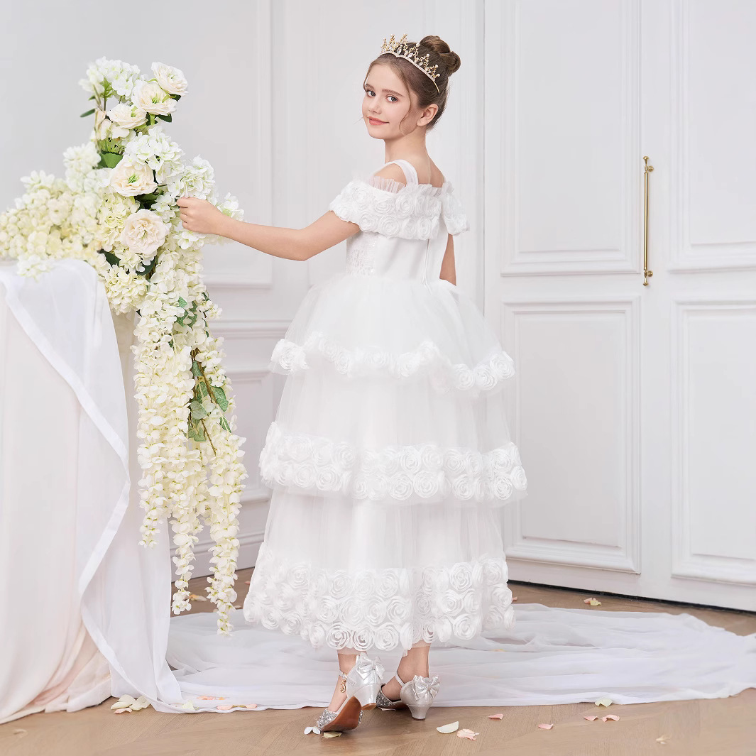 Vestido transfronterizo, vestido de princesa, falda de malla de un hombro, vestido de fiesta de niña de tela forjada, traje de interpretación de piano, falda de pastel
