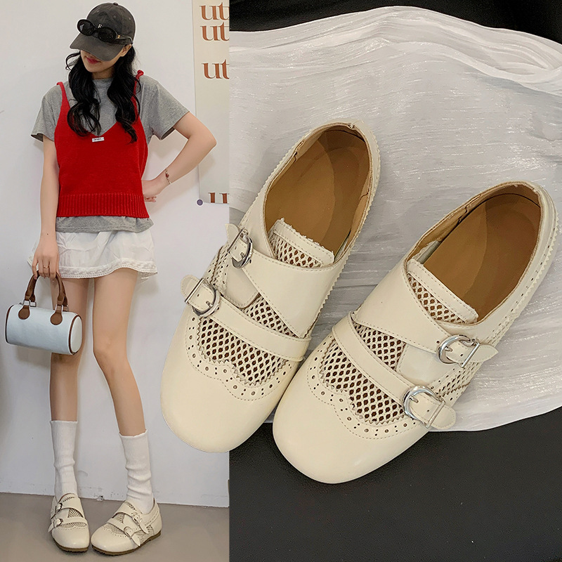 Retro gaza de malla hueca Rocke zapatos de mujer verano 2026 tacones planos hebilla de estilo británico zapatos de cuero suaves zapatos individuales