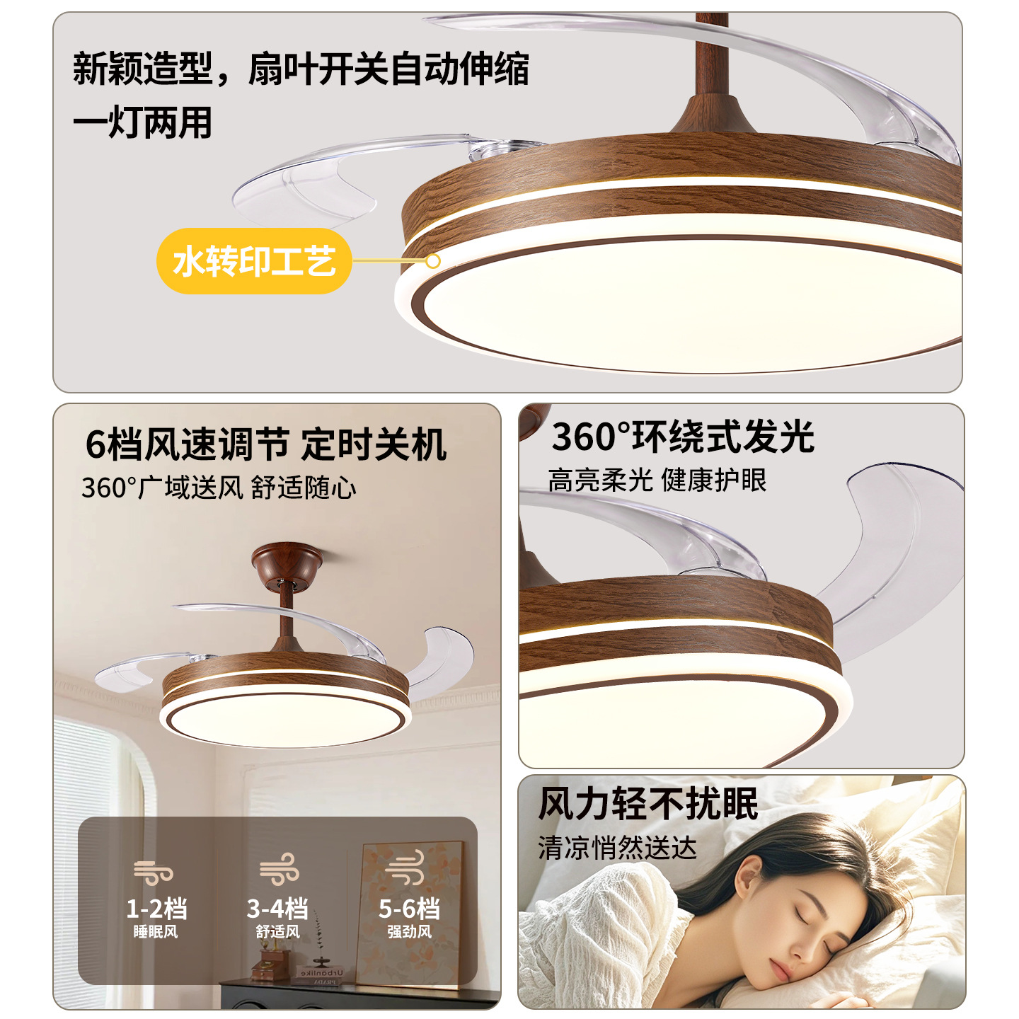 Grand View Garden Invisible Ventilador eléctrico lámpara en retro 2026 nuevo estilo de nuez sala de estar dormitorio lámpara L696