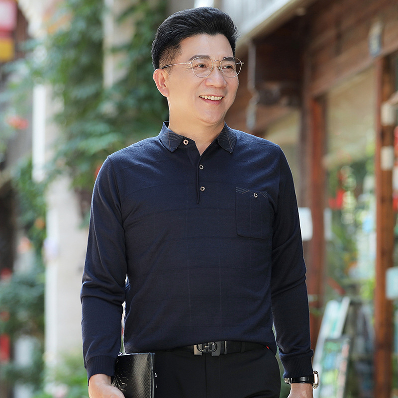 秋季新款男长袖薄款针织衫男士翻领条纹打底衫宽松大码休闲爸爸装