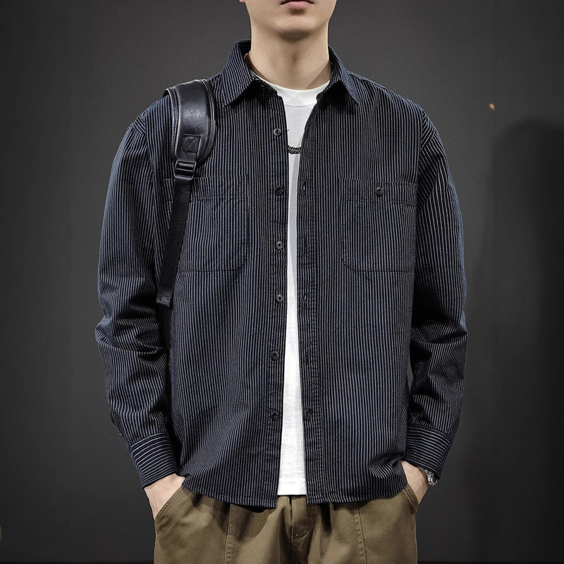 High-End Retro Vertical Striped Long-Sleeved Shirt for Men in Spring Loose Trendy Brand Lapel Denim Shirt Pure Cotton Work Jacket