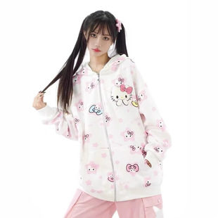 National Trend Cute Sweet Girl Style Full Printed Hello Kitty Hooded Sweatshirt Zipper Cardigan Women's Autumn and Winter Outwear