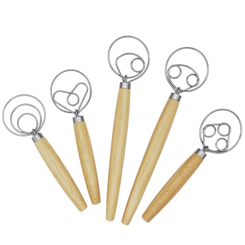 Oak handle flour beater, single and double coil flour mixing stick, Danish dough mixer, stainless steel coil egg beater