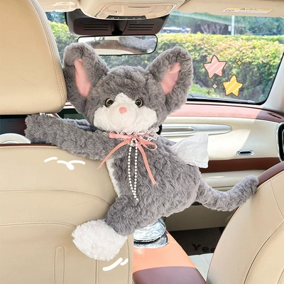 New cat-themed car tissue box, creative car tissue hanging bag, cartoon plush toy car-mounted tissue dispenser