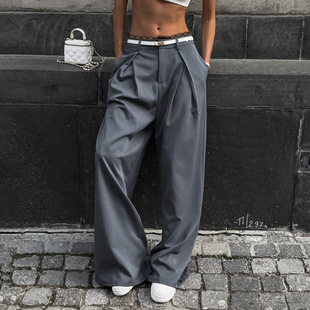 Cross-border Amazon European and American ins lace stitching suit pants elegant commuter style loose low waist casual pants