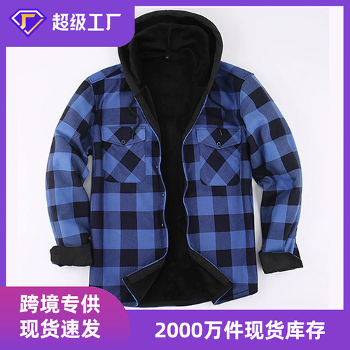 Hooded new foreign trade men's layered oversized warm plaid shirt autumn and winter fleece-lined thickened long-sleeved thermal top