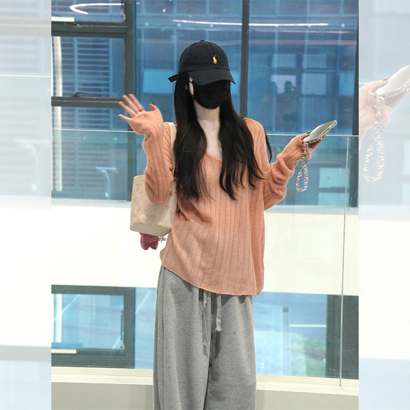 韩系橘色v领坑条长袖针织衫女氛围感穿搭早秋小香风宽松软糯上衣|undefined