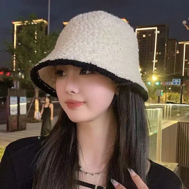 新款大头围水桶帽日系显脸小帽子黑色针织毛绒渔夫帽女跨境秋冬季|undefined