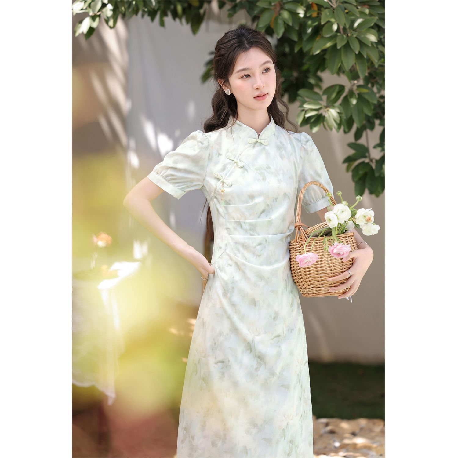 《清风绿浮》新中式浅绿色连衣裙古风收腰小众春夏薄款清冷风旗袍
