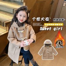 女童冬新款牛角扣毛呢外套大衣儿童中长款呢大衣韩版连帽其他现货